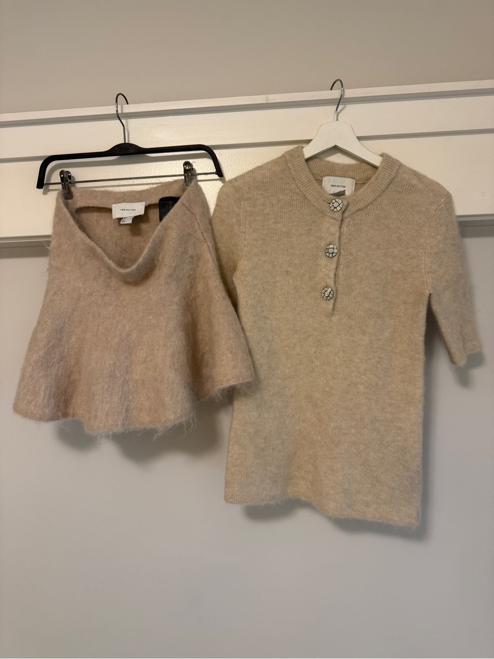 H&M Edition Cream Fuzzy Knit Cardigan with Jeweled Buttons and mini skirt